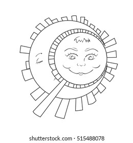 Vector drawing merry moon and the sun. Children's coloring book. Illustration for the book.