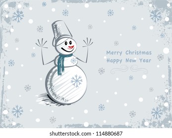 Vector drawing of merry snowman on winter background. Merry christmas.