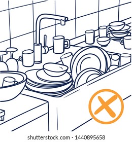 Vector drawing of a messy kitchen and sink. outline drawing blue, yellow, plate, cups, rinse off.