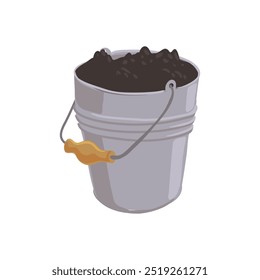 Cubo de metal de dibujo de Vector con tierra aislada en el fondo blanco, elemento de jardinería, ilustración dibujada a mano
