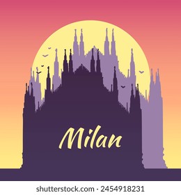 Vector drawing of the Milan Cathedral, Italy. Architecture tourism landmark, travel destination. Hand drawn evening sun silhouette illustration