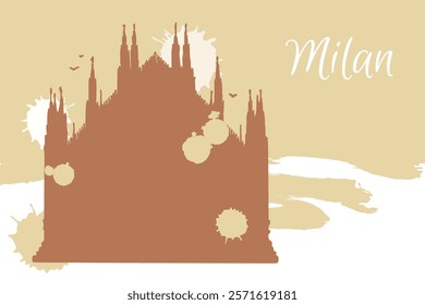 Vector drawing of the Milan Cathedral, Italy. Architecture tourism landmark, travel destination. Hand drawn silhouette illustration over loose brush strokes