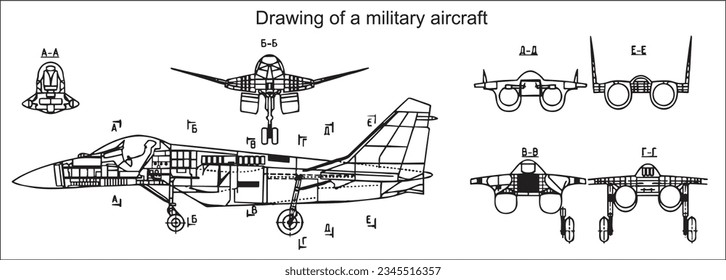 Vector drawing of a military aircraft. 
General view of a war plane fighter bomber. Front view and cut. Cad scheme. 