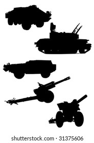 vector drawing of military equipment, black silhouettes against a white background