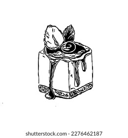 Vector drawing of a milk dessert with chocolate and strawberries drawn by hand in the style of engraving. Isolated on a white background.