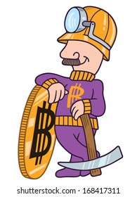 Vector drawing of a miner man posing with a golden bitcoin coin