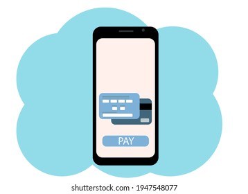 Vector drawing of a mobile phone in hand in which the card payment is confirmed