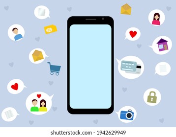 Vector drawing of a mobile phone with a lot of icons for different applications. Chats, acquaintances, sms, contacts, purchases, card payments.