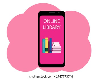 Vector drawing of a mobile phone with the image of books and the text online library