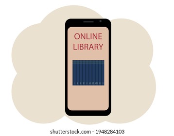 Vector drawing of a mobile phone with the image of books and the text online library