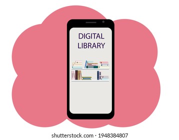 Vector drawing of a mobile phone with the image of books and the text digital library