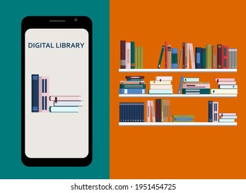 Dibujo vectorial de un teléfono móvil con la imagen de libros y la biblioteca digital de texto