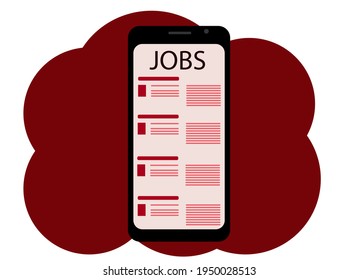 Dibujo vectorial de un teléfono móvil. En la pantalla hay un sitio sobre búsqueda de empleo y publicación de vacantes y currículos