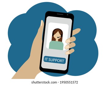 Vector drawing of a mobile phone. On the screen, there is an image of an operator girl and a button to it support