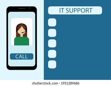 Vector drawing of a mobile phone. On the screen there is an image of an operator girl and a button to it support