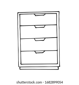 Vector drawing. Modern chest of drawers with four drawers. Sketch style. A linear pattern. Black and white doodles Isolated on a white background. Modern furniture for bedroom, study, living room.