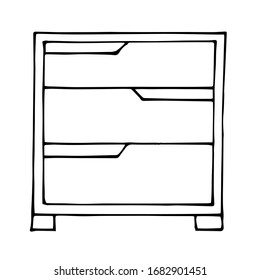 Vector drawing. Modern chest of drawers with three drawers. Sketch style. A linear pattern. Black and white doodles Isolated on a white background. Modern furniture for bedroom, study, living room.