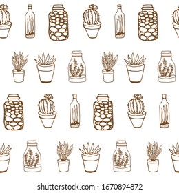 Dibujo vectorial ilustración moderna con plantas domésticas y elementos decorativos. Patrón transparente para fondo, textil, papel de envoltura, tarjetas, diseño de banner.
