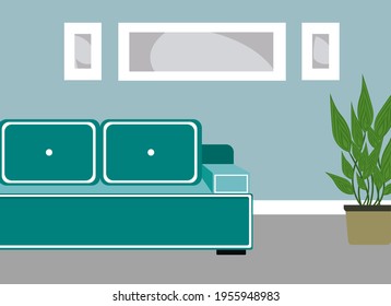 Vector drawing of a modern living room interior. There are three paintings on the wall. Sofa and house plant