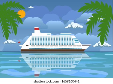 vector drawing of a modern passenger cruise liner near the tropical harbor