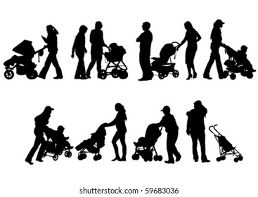 Vector drawing mom with children and pram