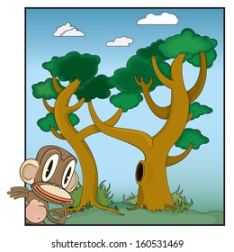 Vector drawing of a monkey and trees/Monkey Island/Easy to edit layers and groups, no gradients used no meshes used. Similar full monkey in my portfolio.