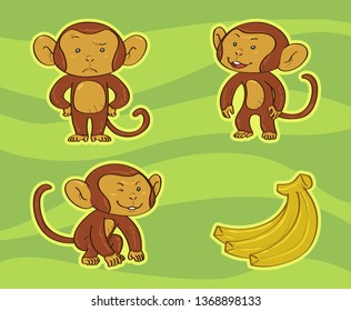 Vector drawing of monkeys in different action and banana.
