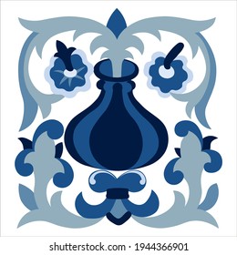 Vector drawing: Monochrome cobalt decorative element in floral style