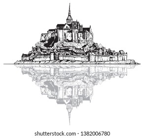 Vector drawing Mont Saint Michel with beautiful water reflection, France