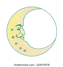 Vector drawing of the Moon with human face isolated on a white background.  