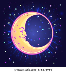 Vector drawing of the Moon with human face over night sky background. Mystical illustration with Crescent. Hipster style, pastel goth, vibrant colors.