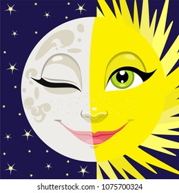Vector drawing of the Moon and the Sun. Ideal for greeting cards, wallpapers, gift paper, cobwebs, textiles, backgrounds
