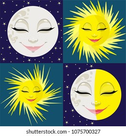 Vector drawing of the Moon and the Sun. Ideal for greeting cards, wallpapers, gift paper, cobwebs, textiles, backgrounds