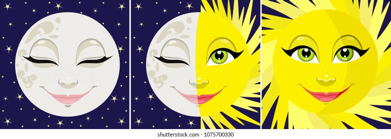 Vector drawing of the Moon and the Sun. Ideal for greeting cards, wallpapers, gift paper, cobwebs, textiles, backgrounds