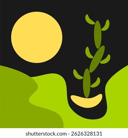 Vector drawing moonlit night in the desert. Moon and cactus on a dark background, for printing on fabric and paper.