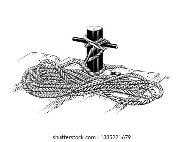 Vector drawing of mooring rope in black color, isolated on white background. Graphic illustration, hand drawing. Drawing for posters, decoration and print. Vector illustration