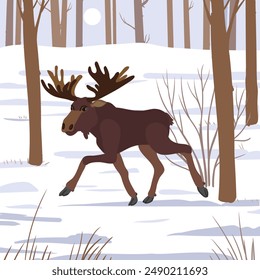 vector drawing moose,elk in winter forest, landscape background, hand drawn illustration