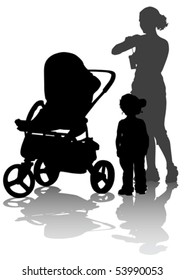 Vector dibujando a madre con hijos. Siluetas de fondo blanco