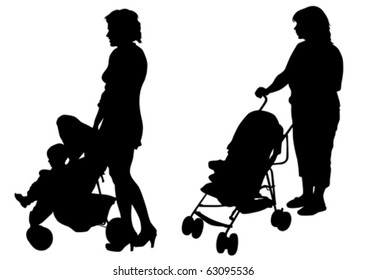 Vector dibujando a madre con hijos. Siluetas de fondo blanco