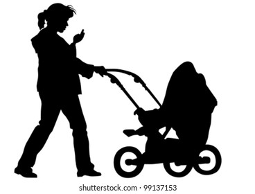 Vector dibujando a madre con hijos. Siluetas de fondo blanco