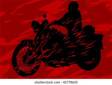 Vector dibujando motociclista en la carretera. Silueta de fondo rojo