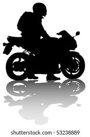 Vector drawing motorcyclist on road. Silhouette on a white background