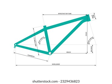 Vektorgrafik der Mountainbike-Geometrie mit Beschreibung der individuellen Dimensionen. Einzeln auf weißem Hintergrund