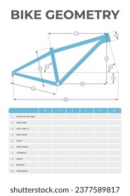 Vector drawing of mountain bike geometry with table description of individual dimensions. Isolated on white background