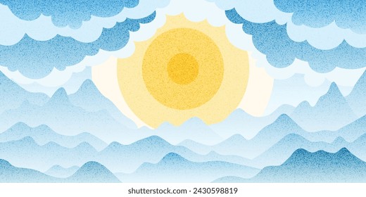 Vector dibujo paisaje de montaña, sol en las nubes, ilustración de dibujos animados, patrón de ruido, puntillismo