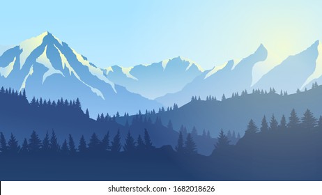 vector drawing mountain panorama, summer day