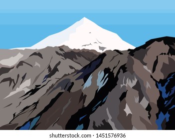 Vector drawing of the mountain peak. Flat vector illustration of mountains, rocks and peaks. 
