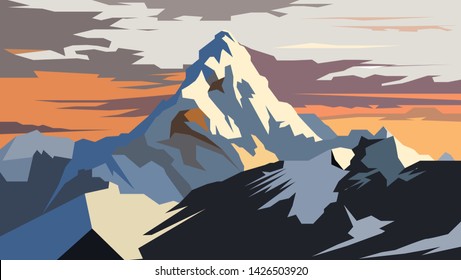 Vector Drawing Of The Mountain Peak. Highest Mountain Peak On The Planet. Vector Illustration Of Mountains, Rocks And Peaks. 