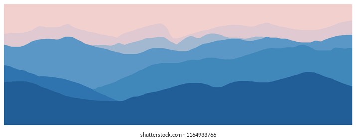 Vector drawing of mountains at dawn, panoramic image