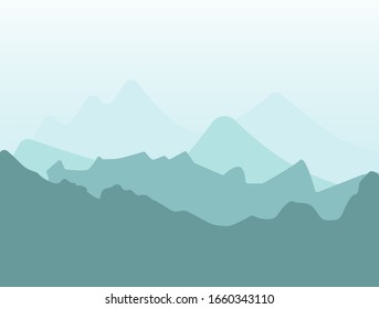 Vektorillustration zeichnet Berge, Natur, Hintergrund. Wohnung, schöne Sicht auf die Natur. Abdeckung, Druck, Textstelle